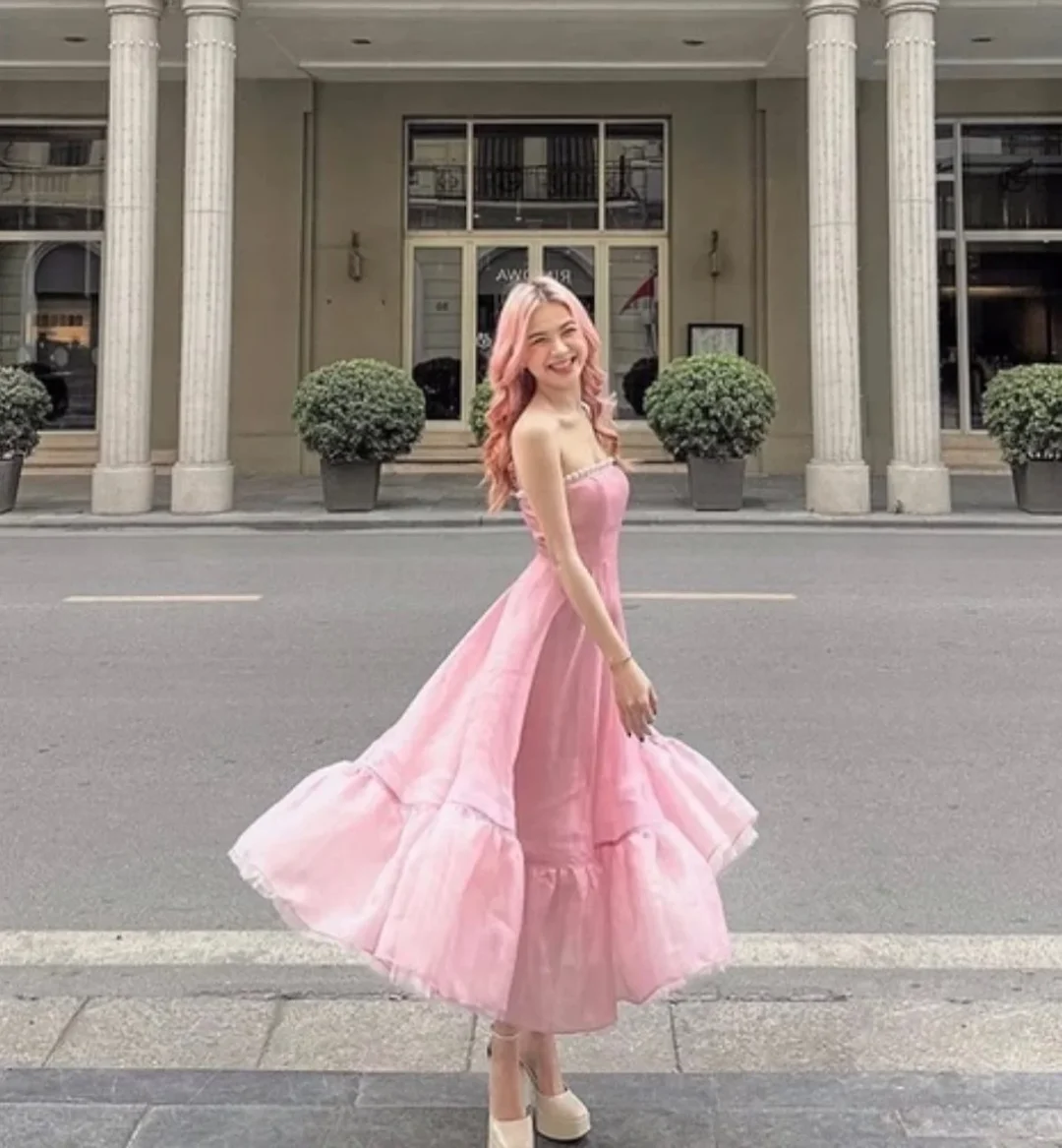 Ảnh 2 của Váy tiệc hồng pastel tầng bèo hai dây