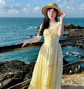 Photo 3 of Váy maxi vàng voan boho nữ