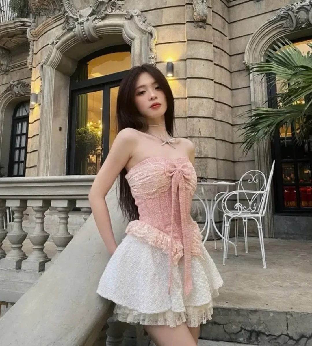 Ảnh 2 của Set áo nơ hồng váy ren trắng nữ