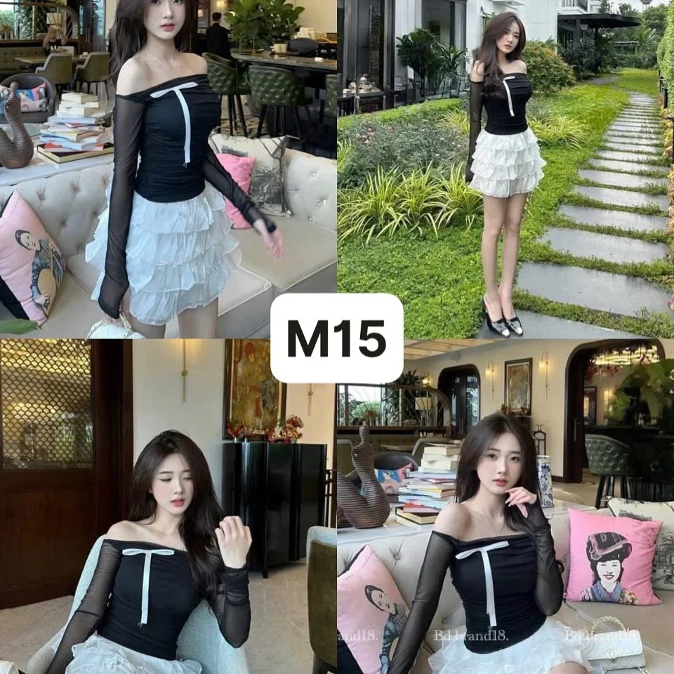 Ảnh 5 của Set croptop trễ vai đen chân váy trắng nữ