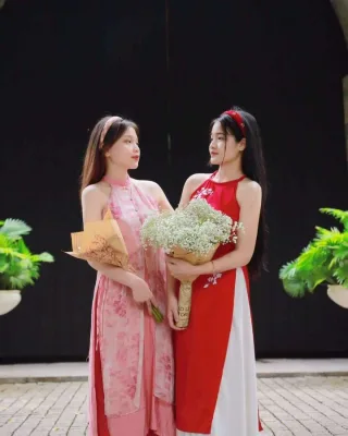 Ảnh 1 của Áo dài lụa hoa hồng nữ truyền thống
