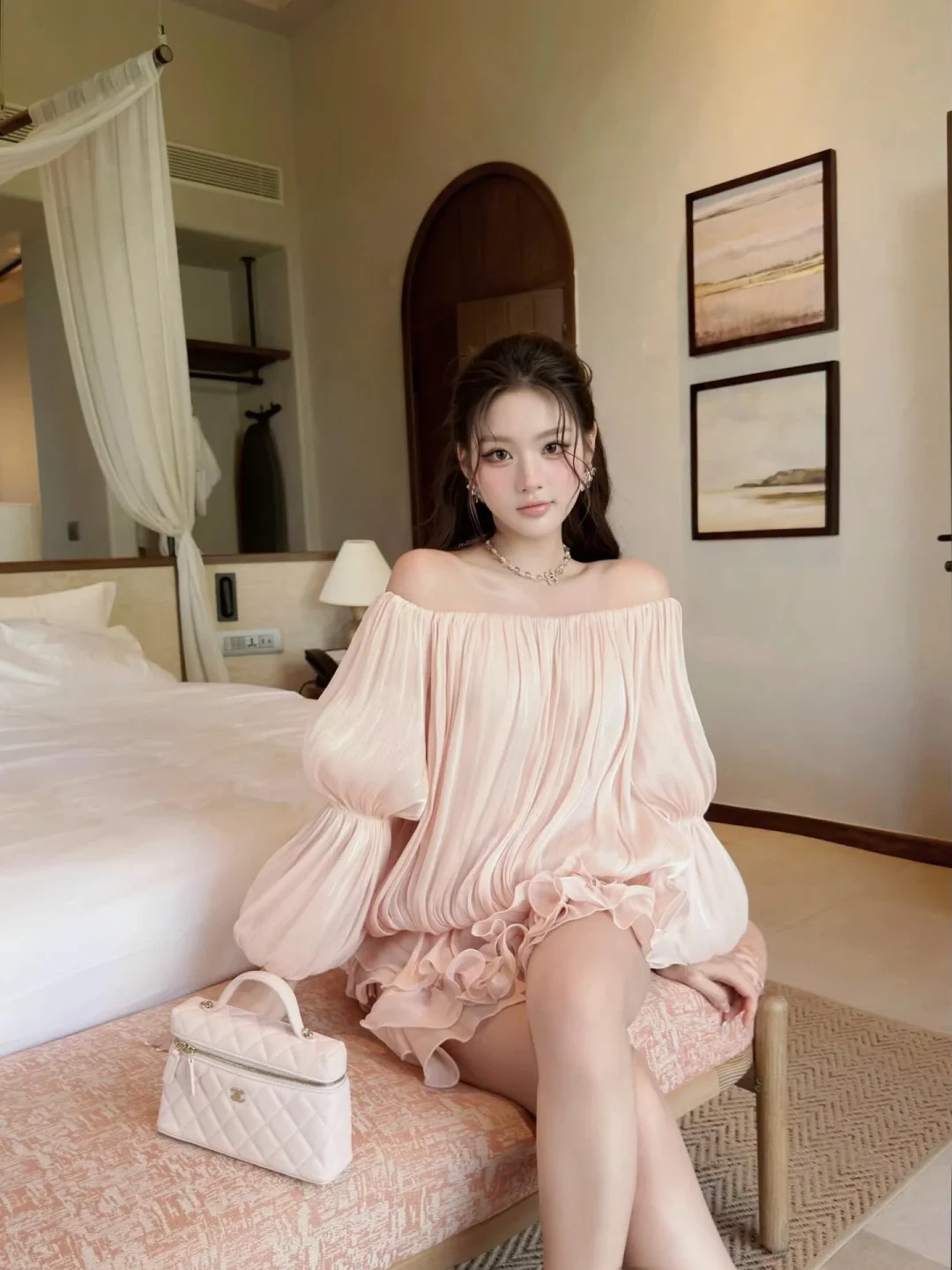 Ảnh 1 của Váy trễ vai hồng pastel satin nữ