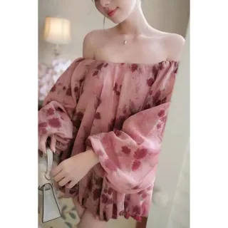 Photo 2 of Váy hoa trễ vai tay bồng hồng nữ