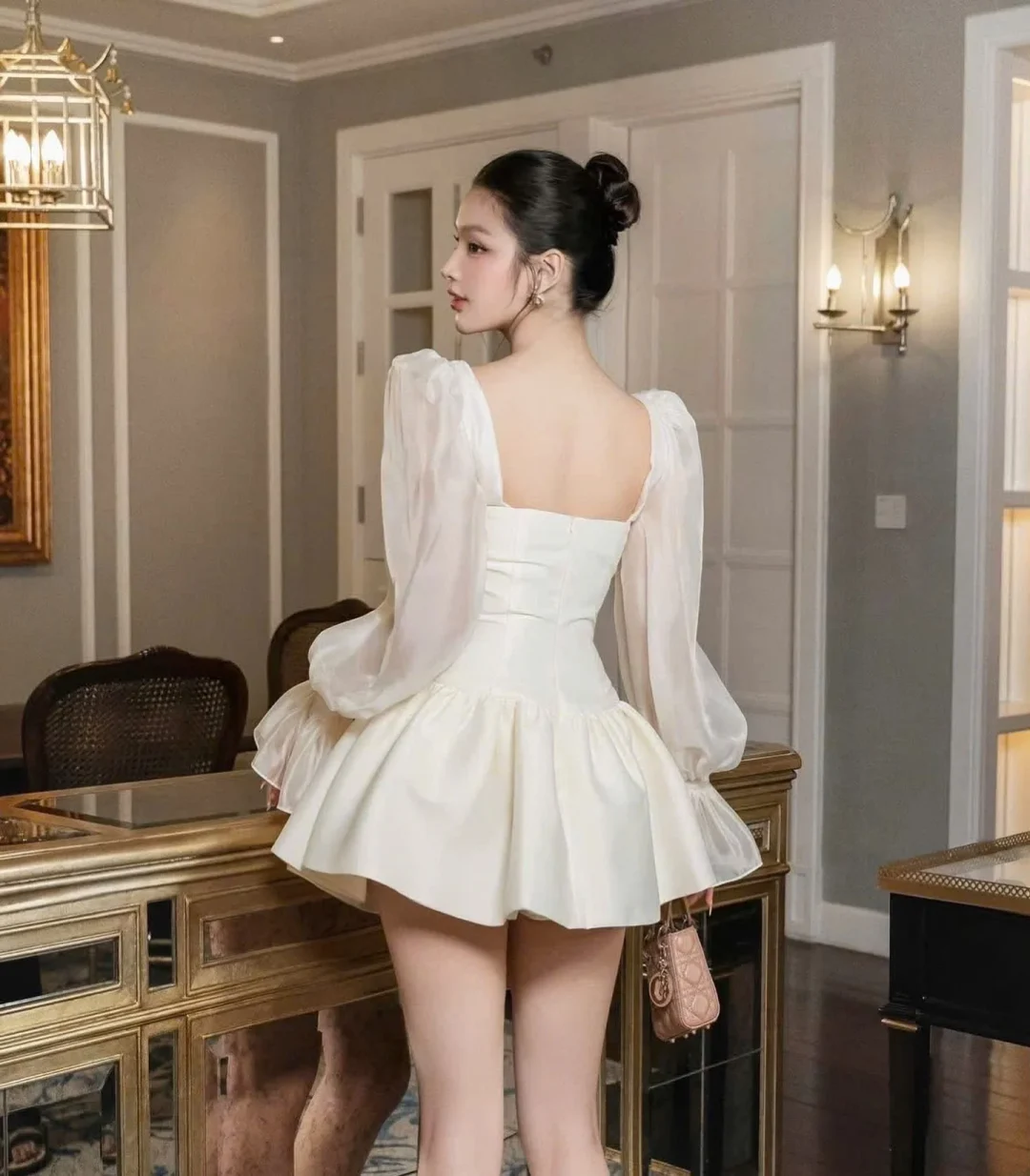 Ảnh 3 của Đầm mini trắng tay phồng voan nữ