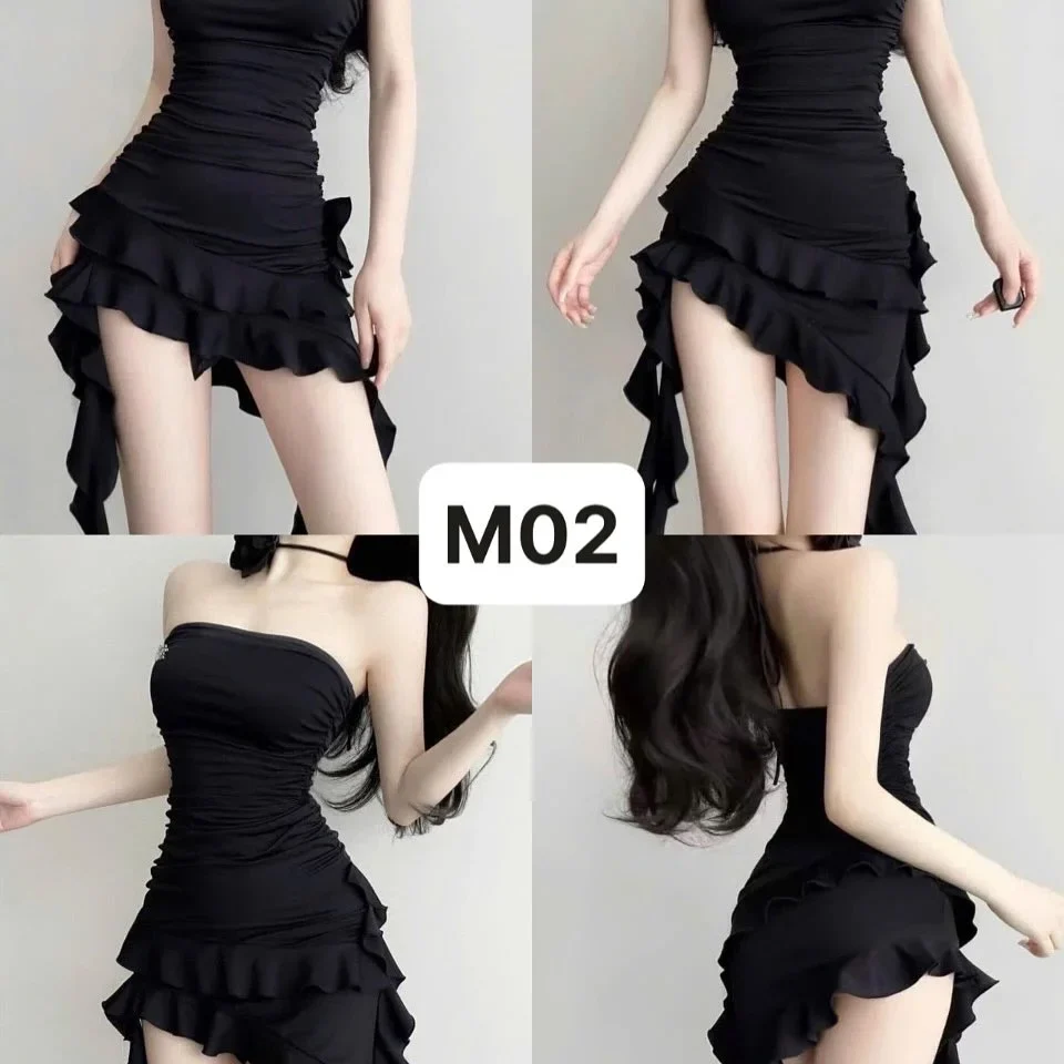 Photo 5 of Đầm mini đen bèo nhún cúp ngực nữ