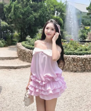 Ảnh 2 của Đầm strapless hồng nơ trắng size S/M