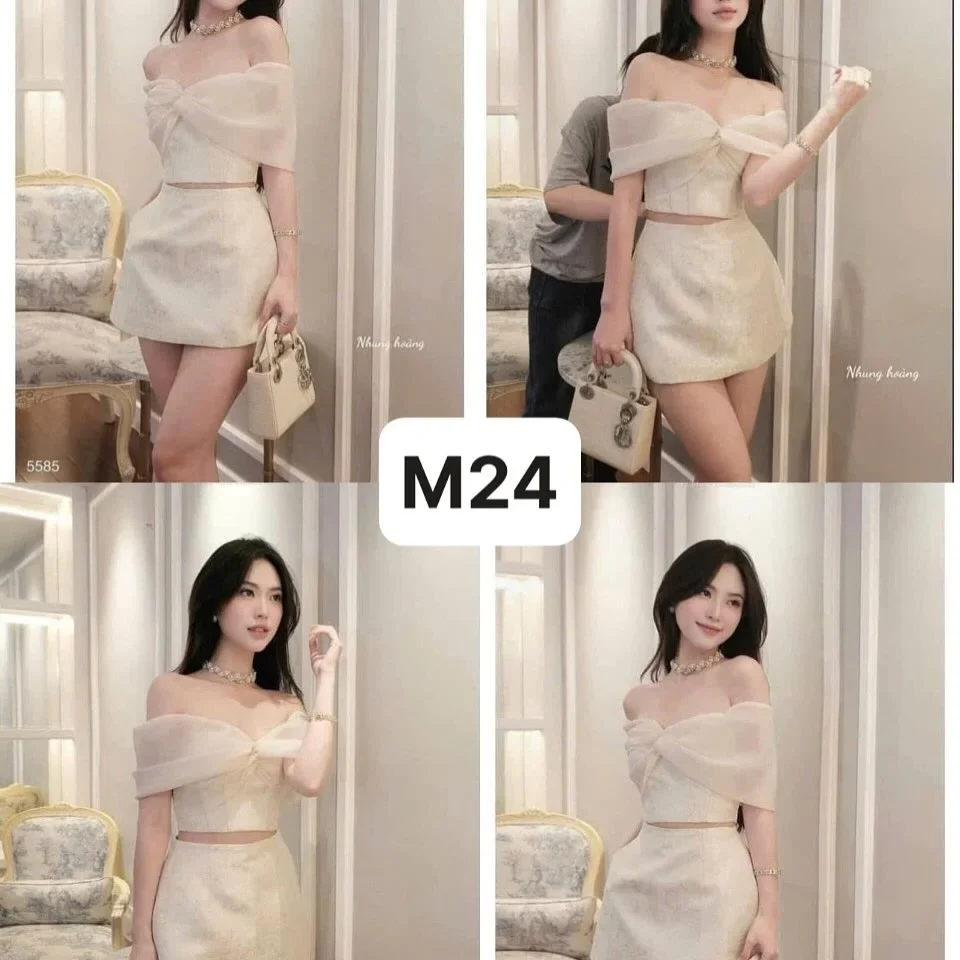 Ảnh 5 của Set croptop vai trễ chân váy ngắn lụa kem