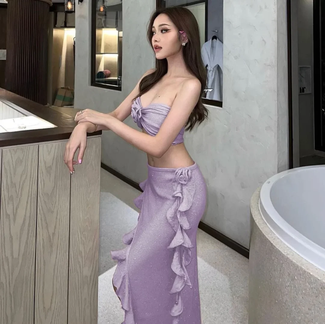 Ảnh 2 của Bộ croptop váy kim sa tím nhạt nữ