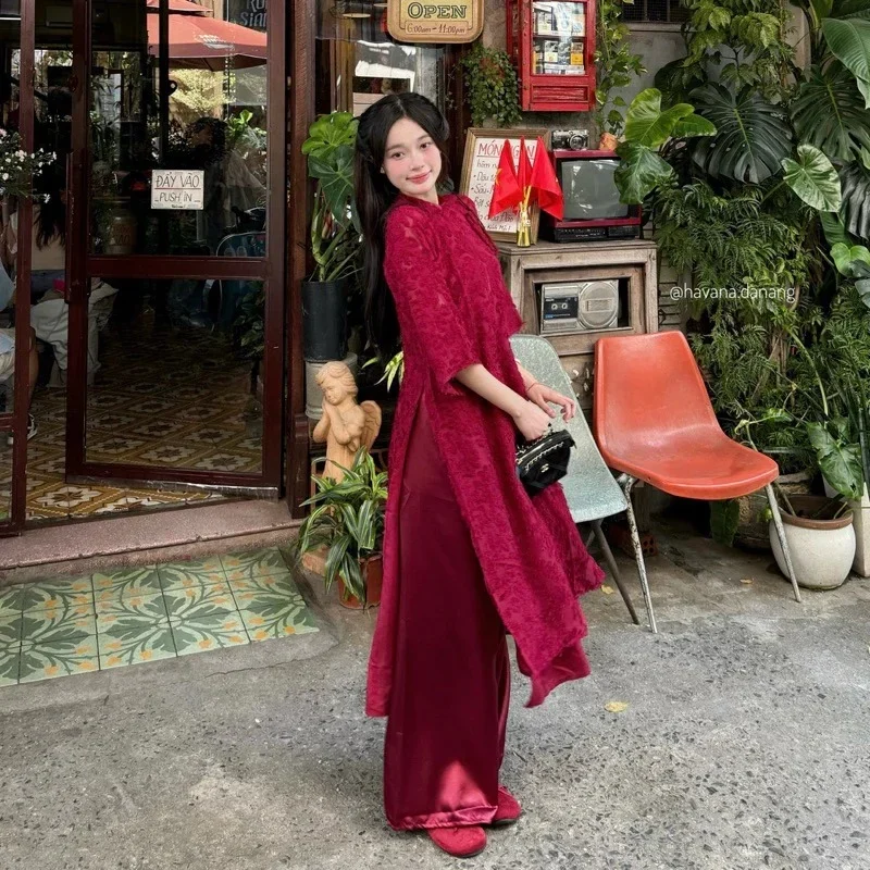 Ảnh 2 của Áo dài ren đỏ Yên Phượng nữ