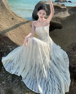 Ảnh 3 của Đầm maxi ren trắng kem nữ boho