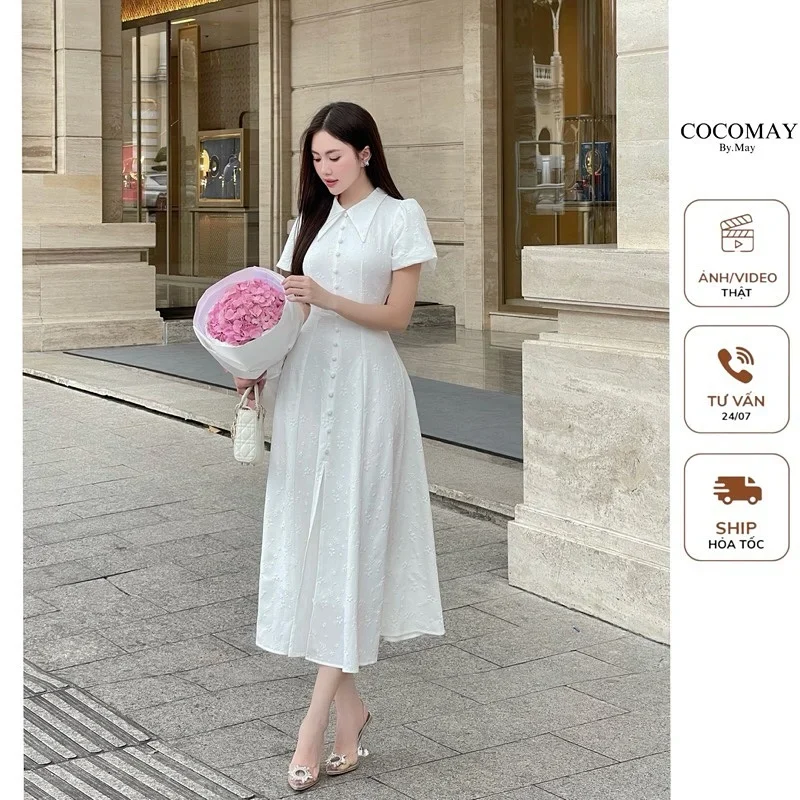 Ảnh 4 của Đầm midi trắng tay phồng nữ