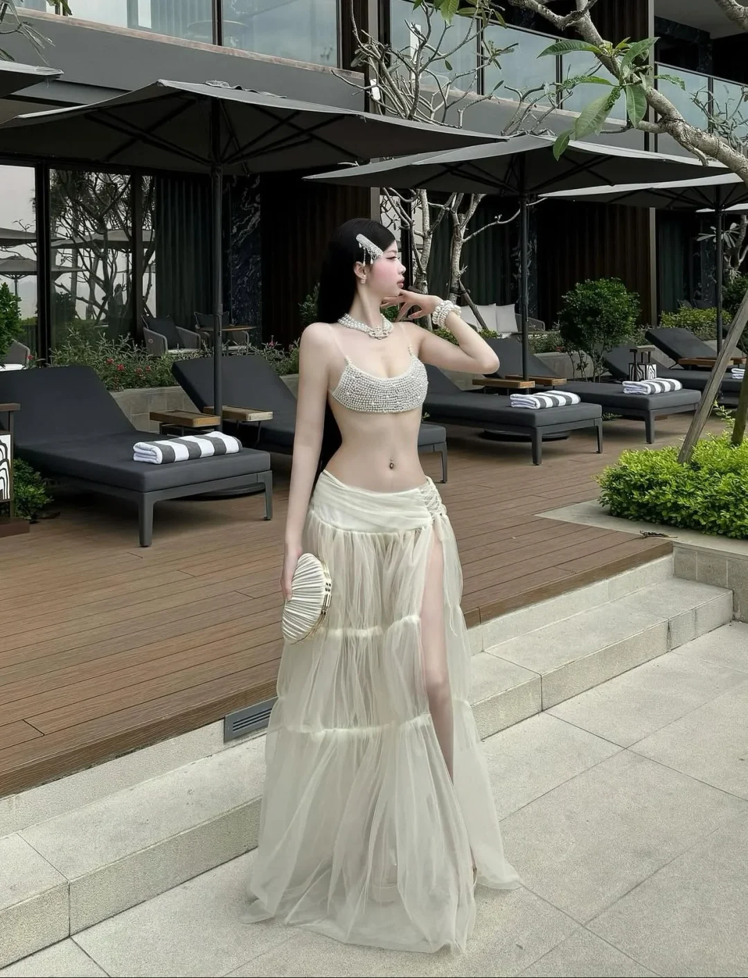 Photo 1 of Set crop top kim sa và chân váy voan nữ