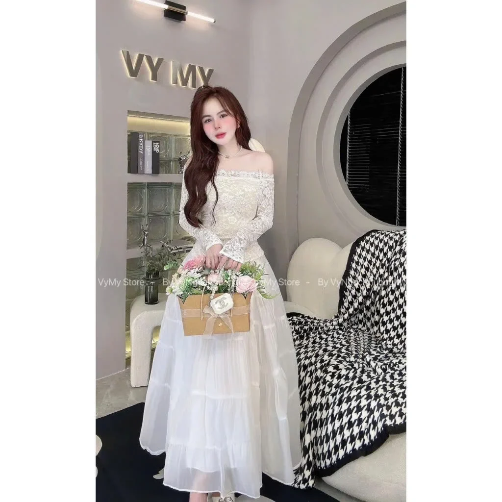 Ảnh 1 của Đầm maxi trắng ren trễ vai nữ