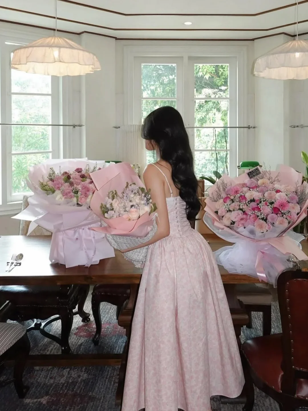 Photo 4 of Váy midi hoa hồng nhạt dáng A-line