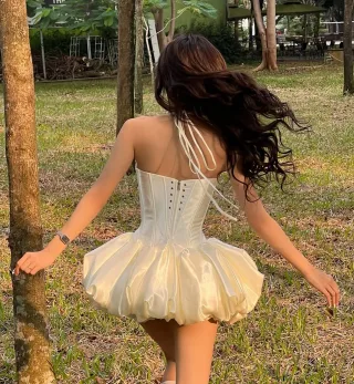 Photo 2 of Váy tiệc corset mini lụa kem nữ