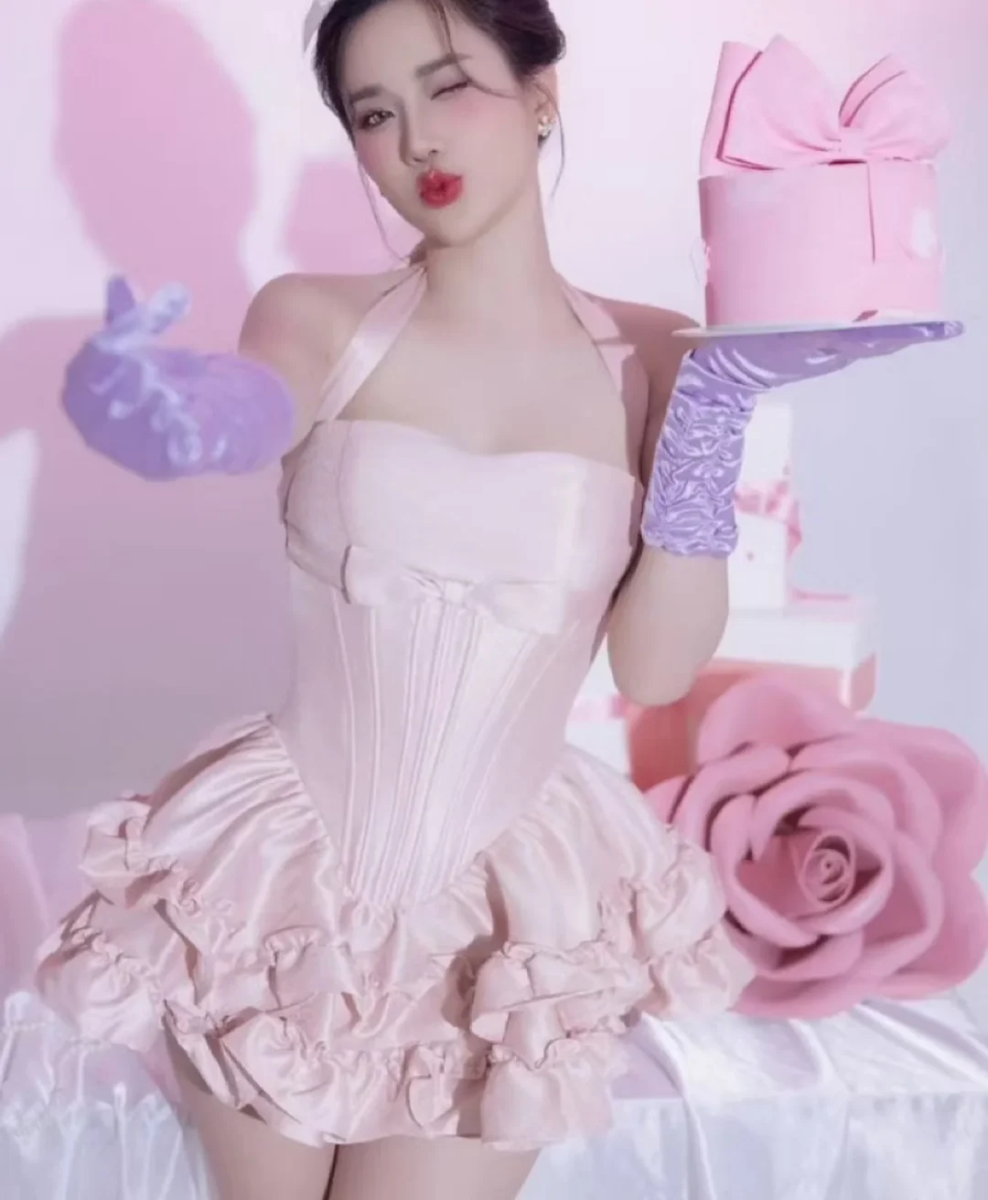Ảnh 4 của Đầm corset bèo nhún hồng pastel nữ
