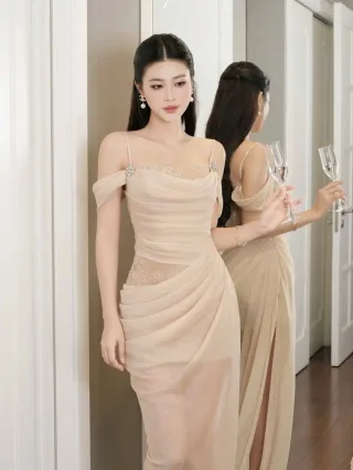 Photo 4 of Váy dạ hội voan be nhạt size M