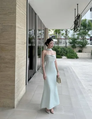 Ảnh 1 của Váy dạ hội lụa xanh mint maxi nữ