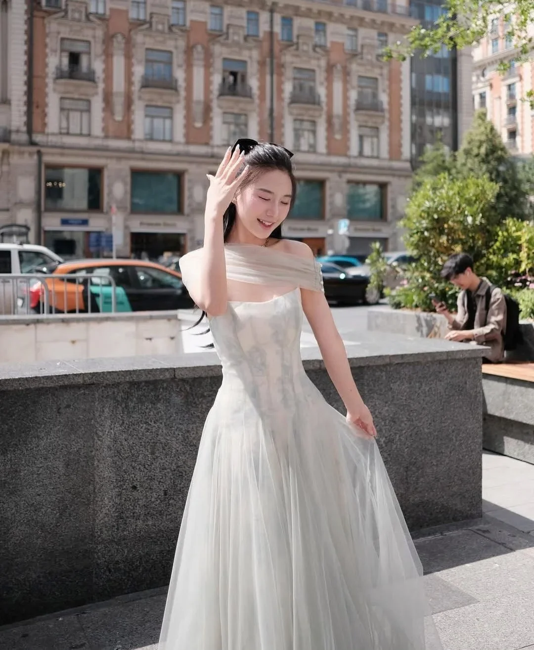 Ảnh 1 của Váy voan lệch vai trắng vintage nữ