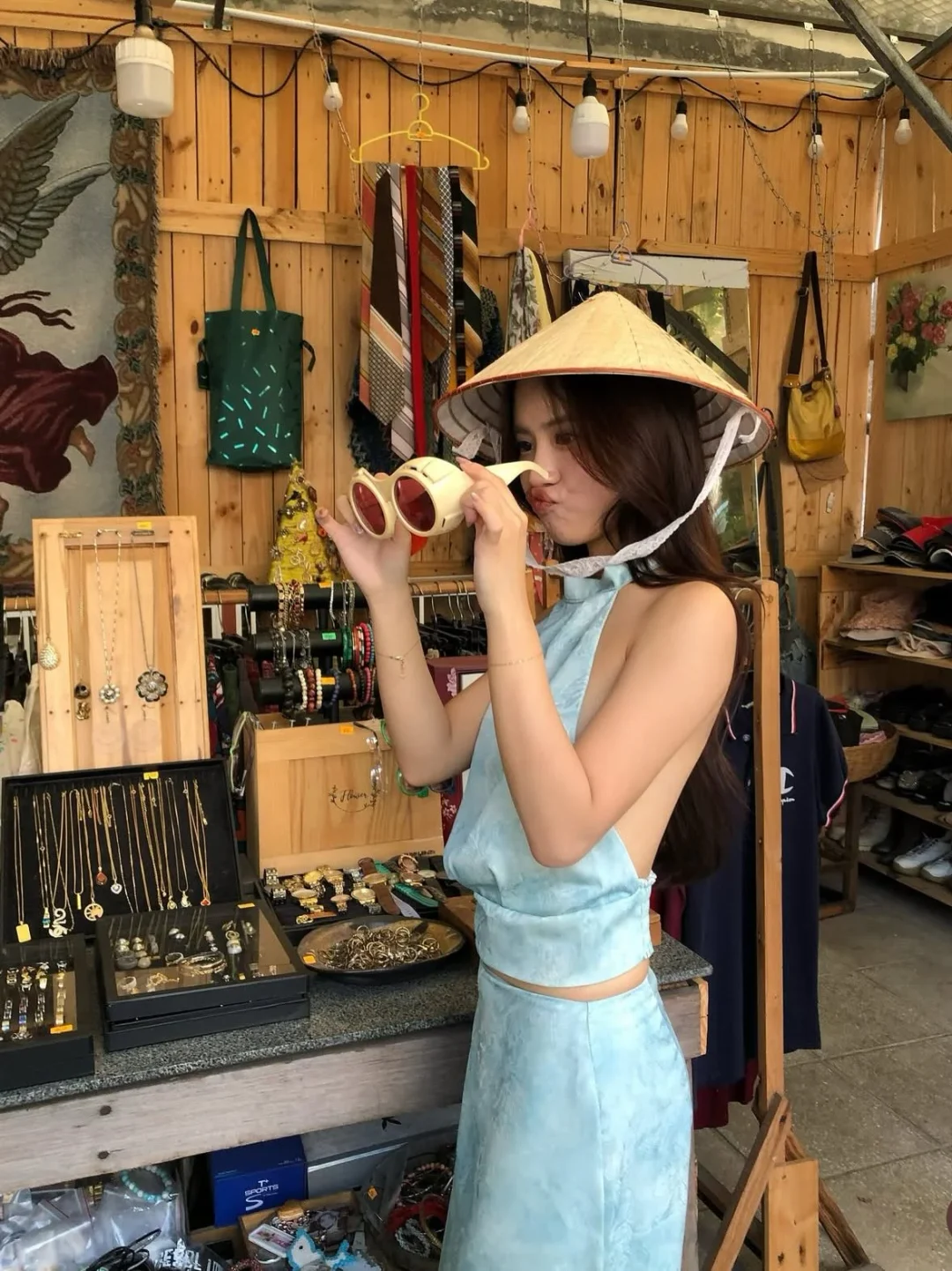 Photo 3 of Set croptop váy maxi loang xanh nữ