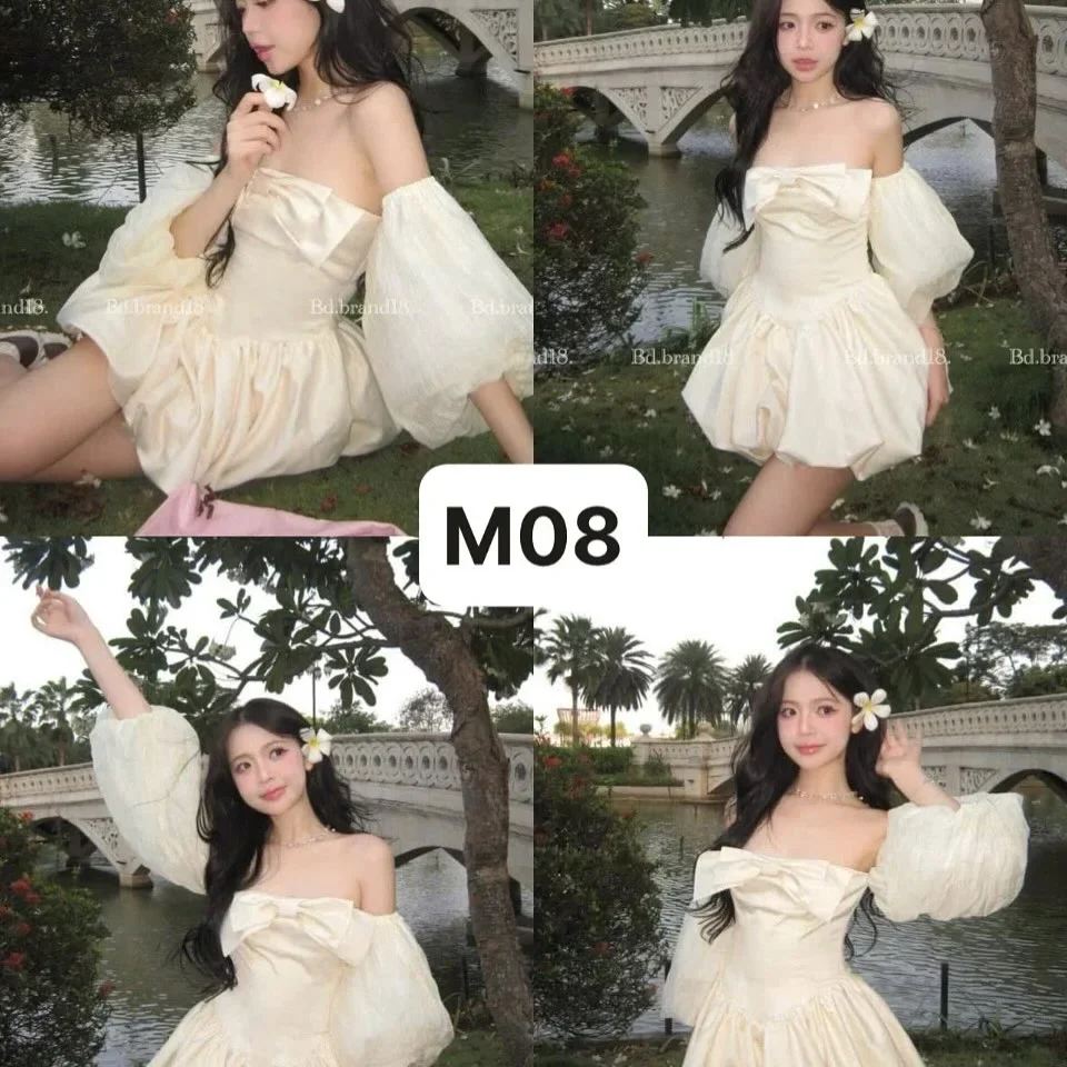 Ảnh 5 của Váy mini trễ vai nơ bướm màu kem