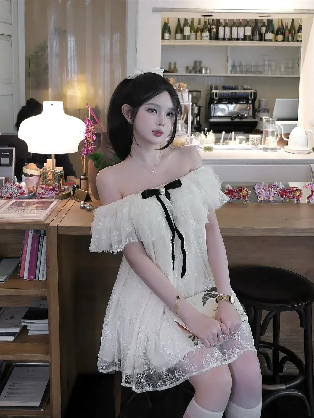 Photo 6 of Váy trễ vai voan kem babydoll nữ