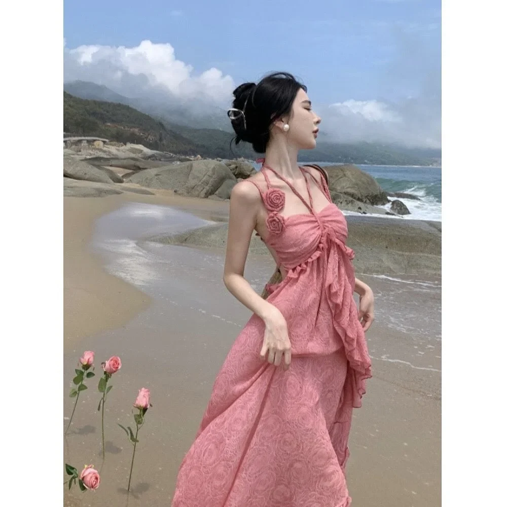 Ảnh 1 của Váy maxi ren vintage màu hồng nữ