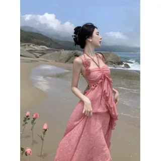 Ảnh 1 của Váy maxi ren vintage màu hồng nữ