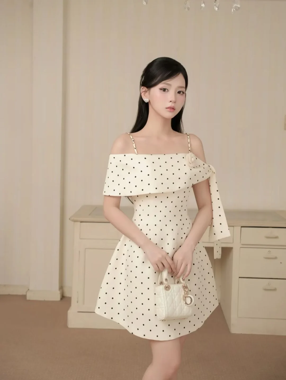 Ảnh 1 của Váy trễ vai chấm bi trắng kem nữ