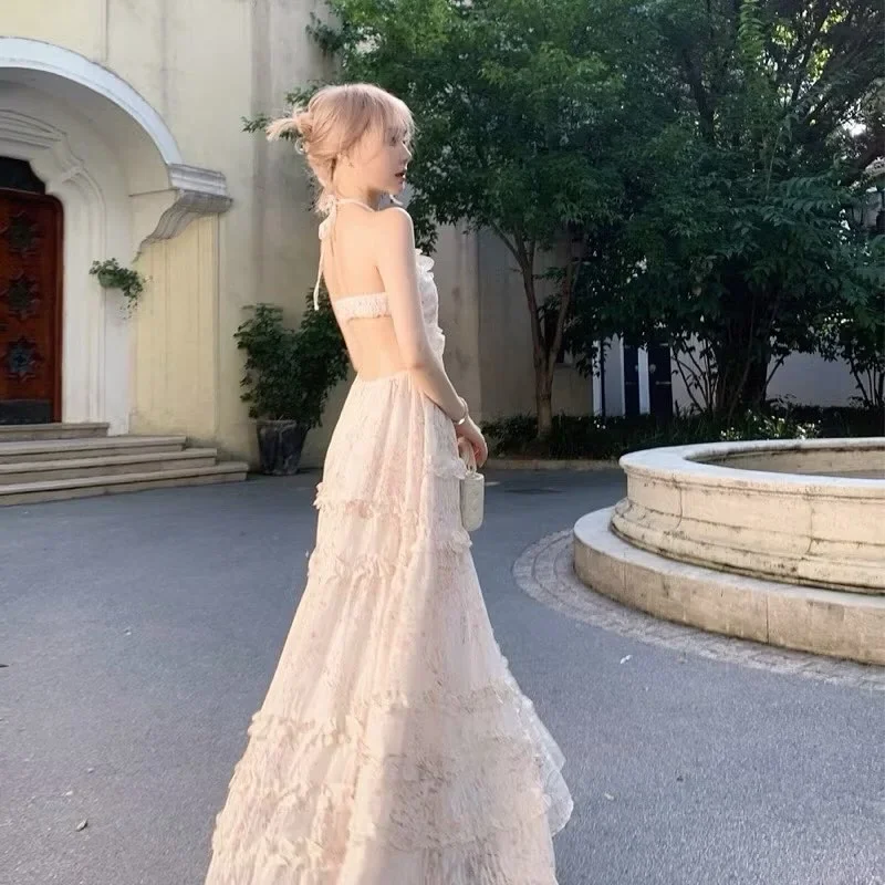 Photo 4 of Váy maxi hoa nhí voan ren trắng kem nữ