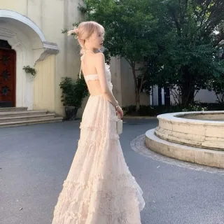 Photo 4 of Váy maxi hoa nhí voan ren trắng kem nữ