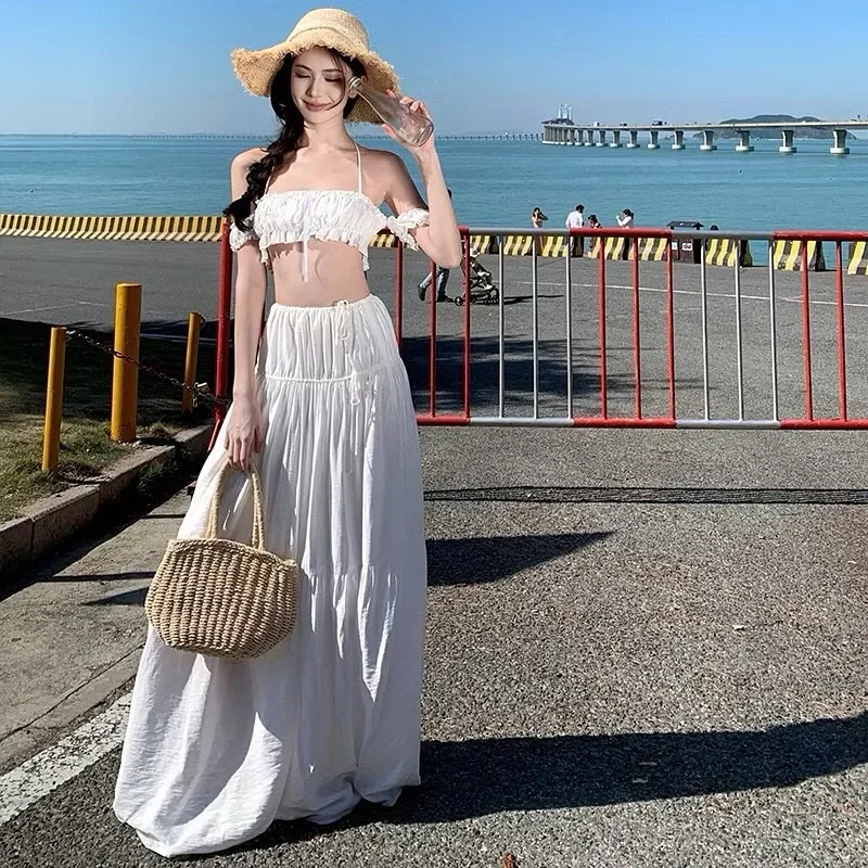 Ảnh 1 của Set áo crop chân váy maxi trắng nữ
