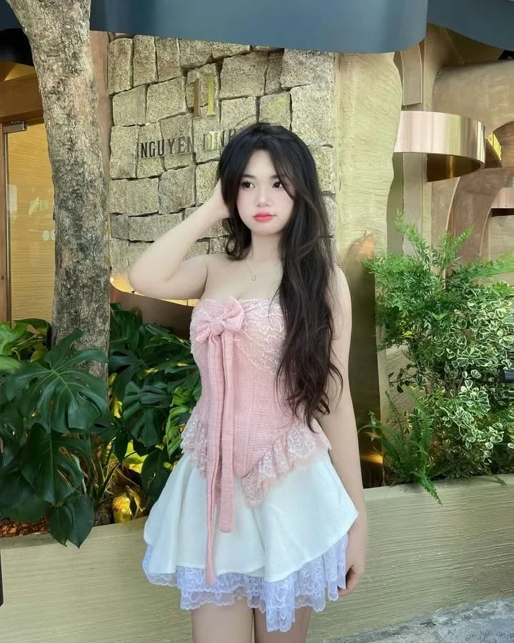 Photo 1 of Set áo corset hồng ren nơ nữ hottrend