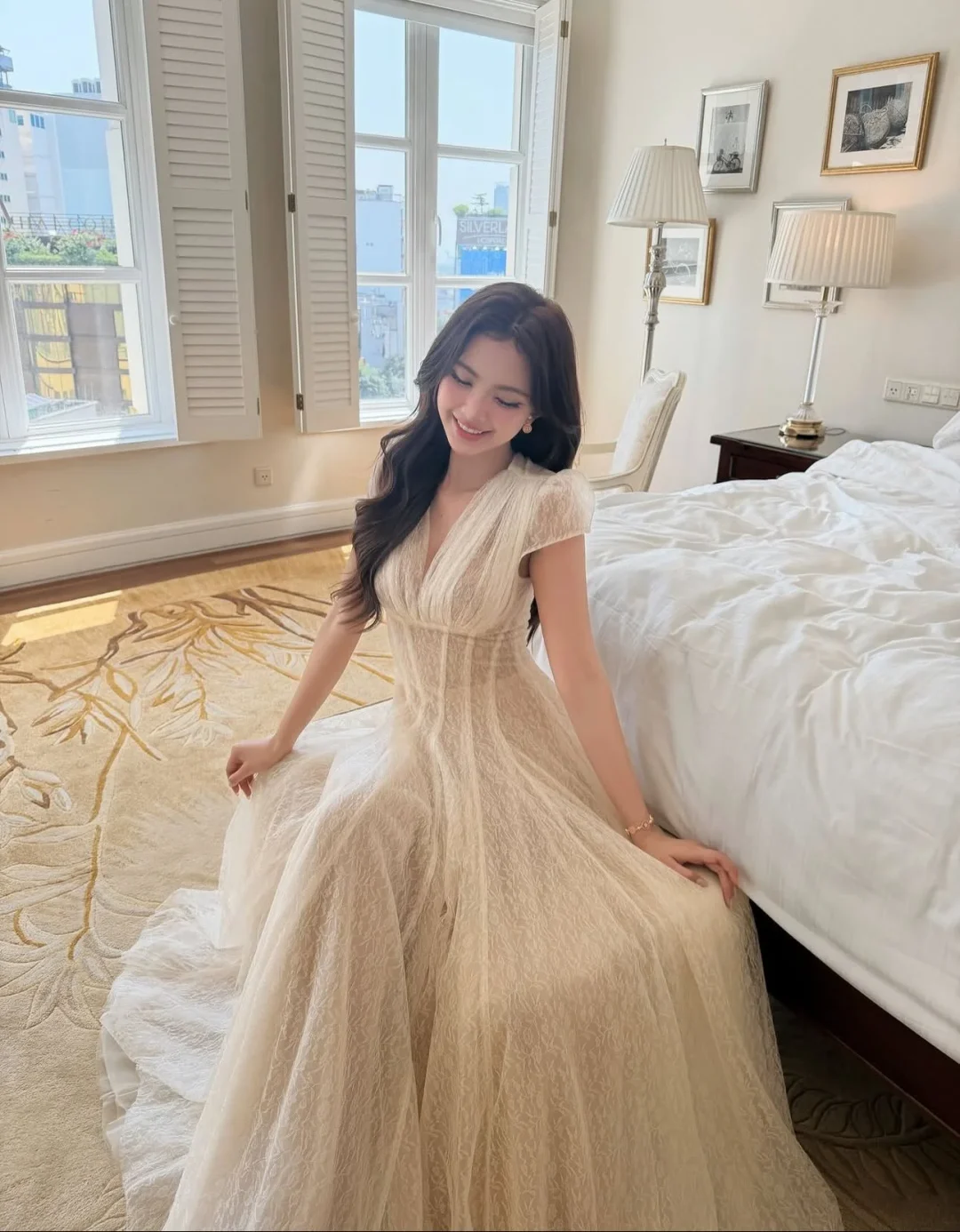 Photo 3 of Váy maxi ren vintage màu kem nữ