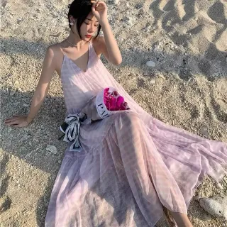 Photo 3 of Váy maxi caro tím nhạt nữ cho thuê