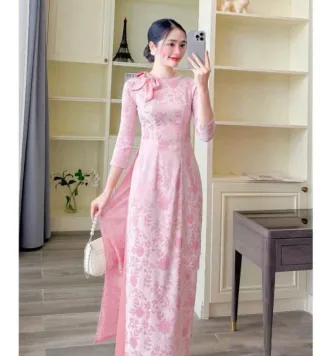 Photo 3 of Áo dài nữ hồng pastel lụa voan truyền thống