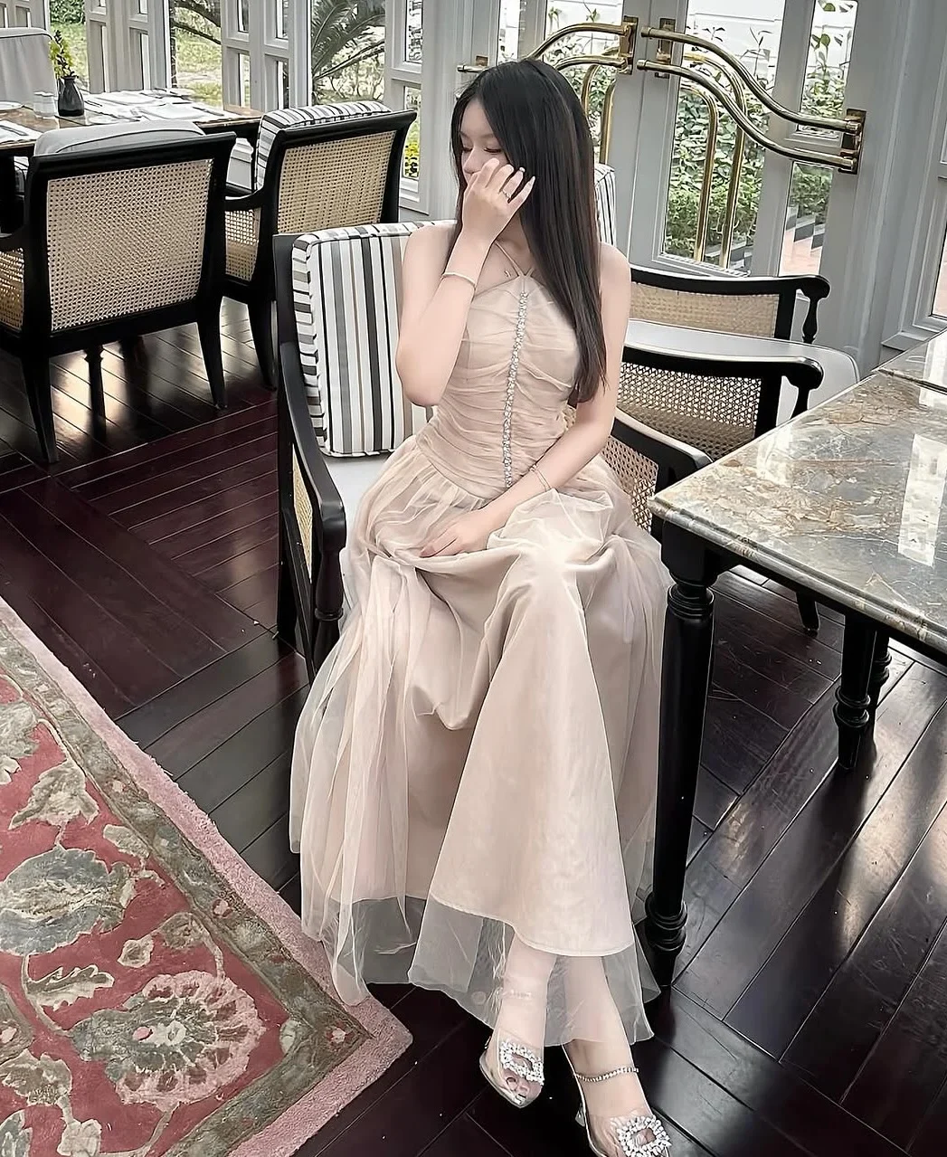 Ảnh 3 của Đầm dạ hội voan nude xòe sang trọng nữ