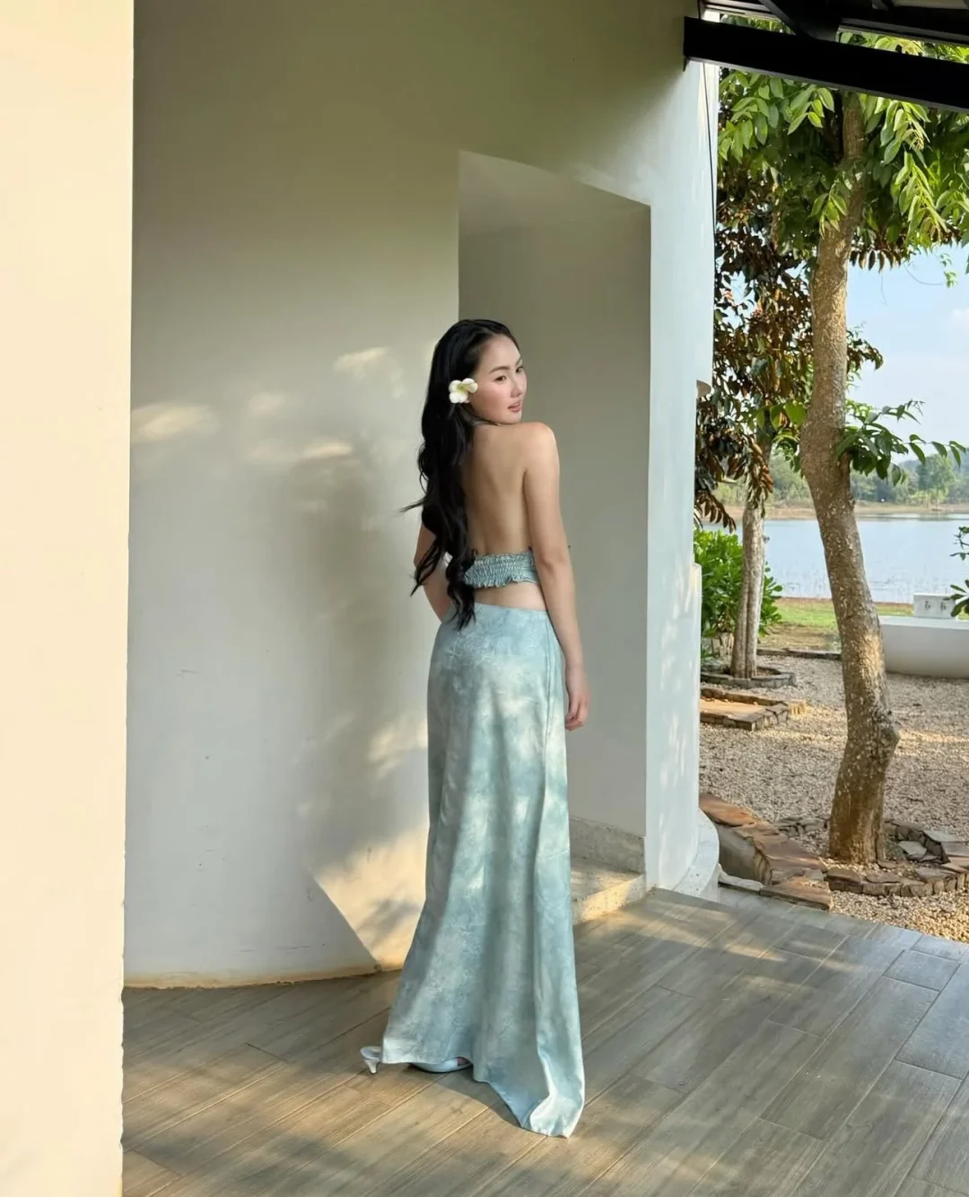 Ảnh 4 của Set áo yếm váy dài lụa xanh mint nữ