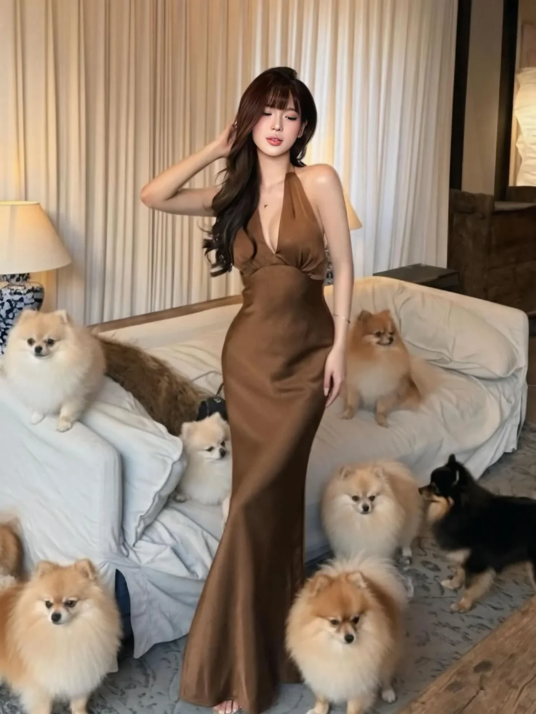 Photo 1 of Đầm maxi satin nâu halter nữ