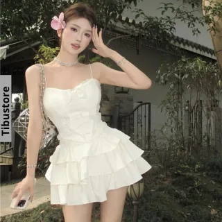 Photo 1 of Đầm mini trắng hai dây bèo nhún nữ