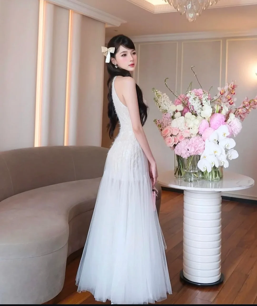Ảnh 2 của Đầm dạ hội ren voan trắng kem nữ