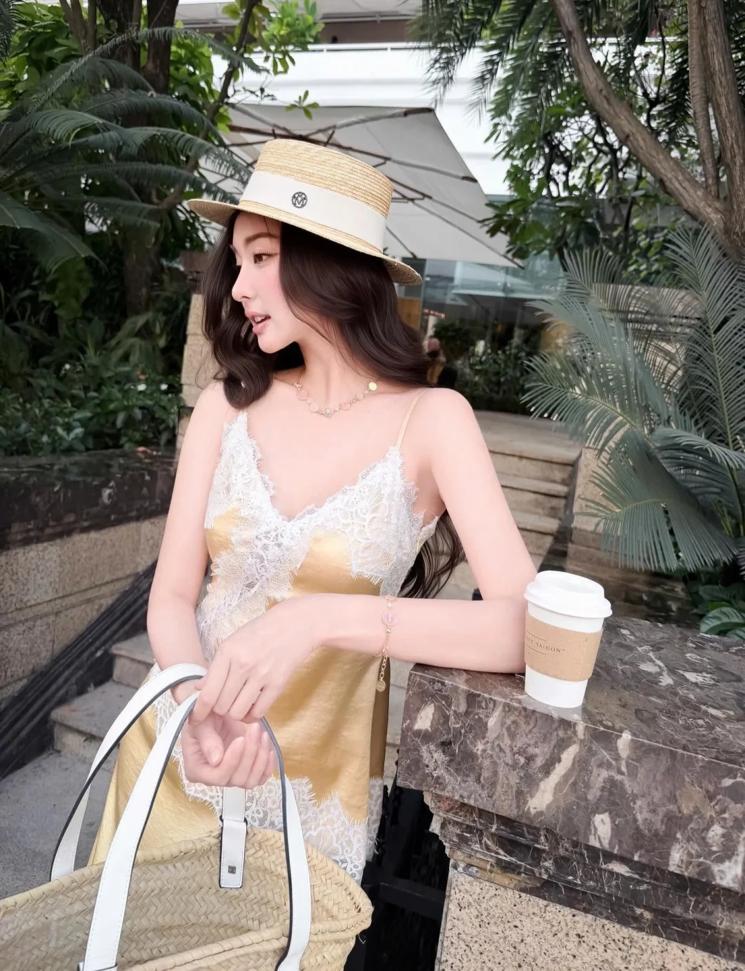 Photo 5 of Váy lụa vàng ren hai dây nữ