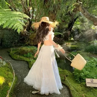 Photo 2 of Set Váy Maxi Trắng Trễ Vai Boho Nữ