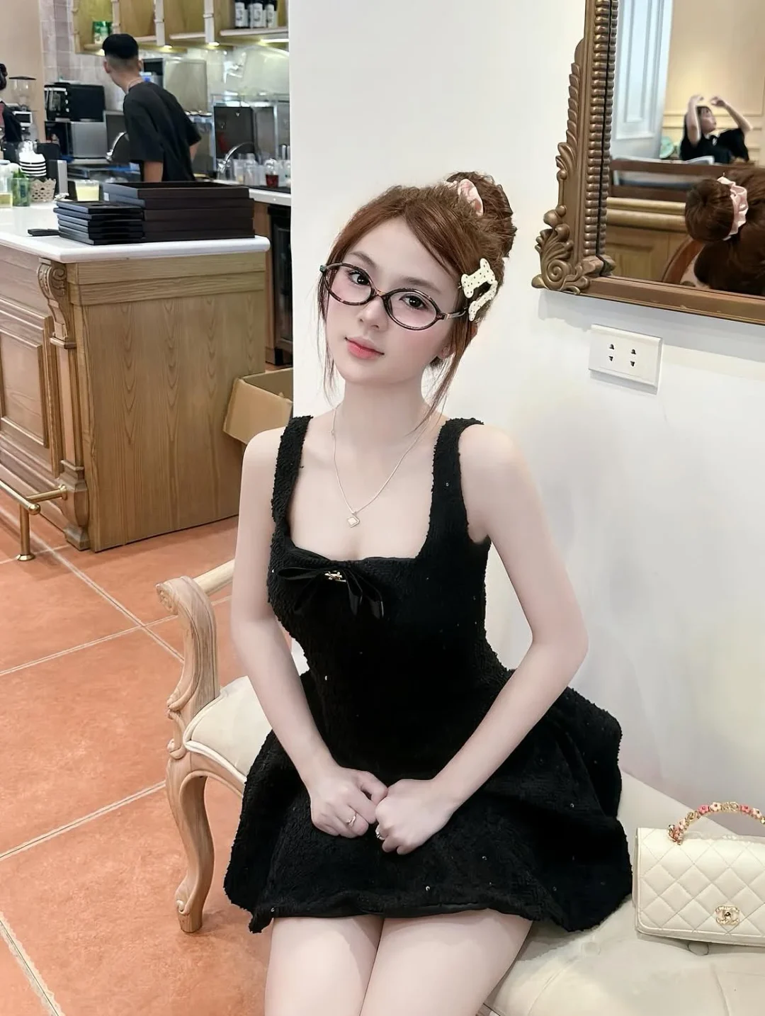 Photo 1 of Đầm mini đen nơ tweed nữ