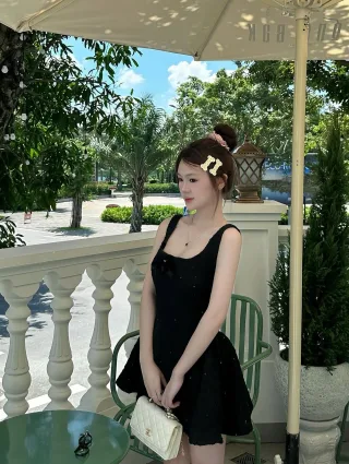 Photo 3 of Đầm mini đen nơ tweed nữ