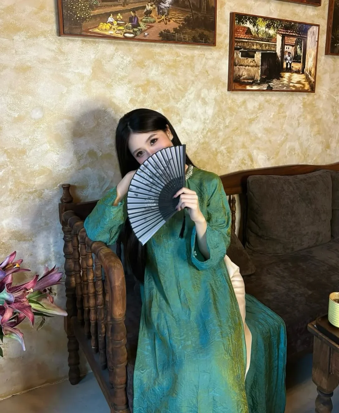 Photo 1 of Áo dài lụa xanh ngọc truyền thống nữ