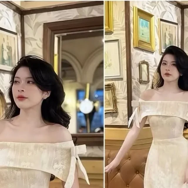 Ảnh 1 của Áo dài lụa kem trễ vai nơ buộc nữ