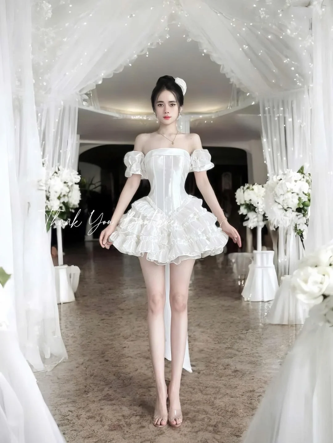 Photo 3 of Đầm trắng corset bèo nhún mini nữ