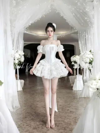Photo 3 of Đầm trắng corset bèo nhún mini nữ