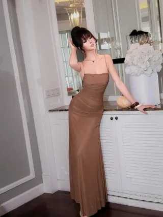 Ảnh 4 của Váy maxi nâu hai dây thanh lịch nữ